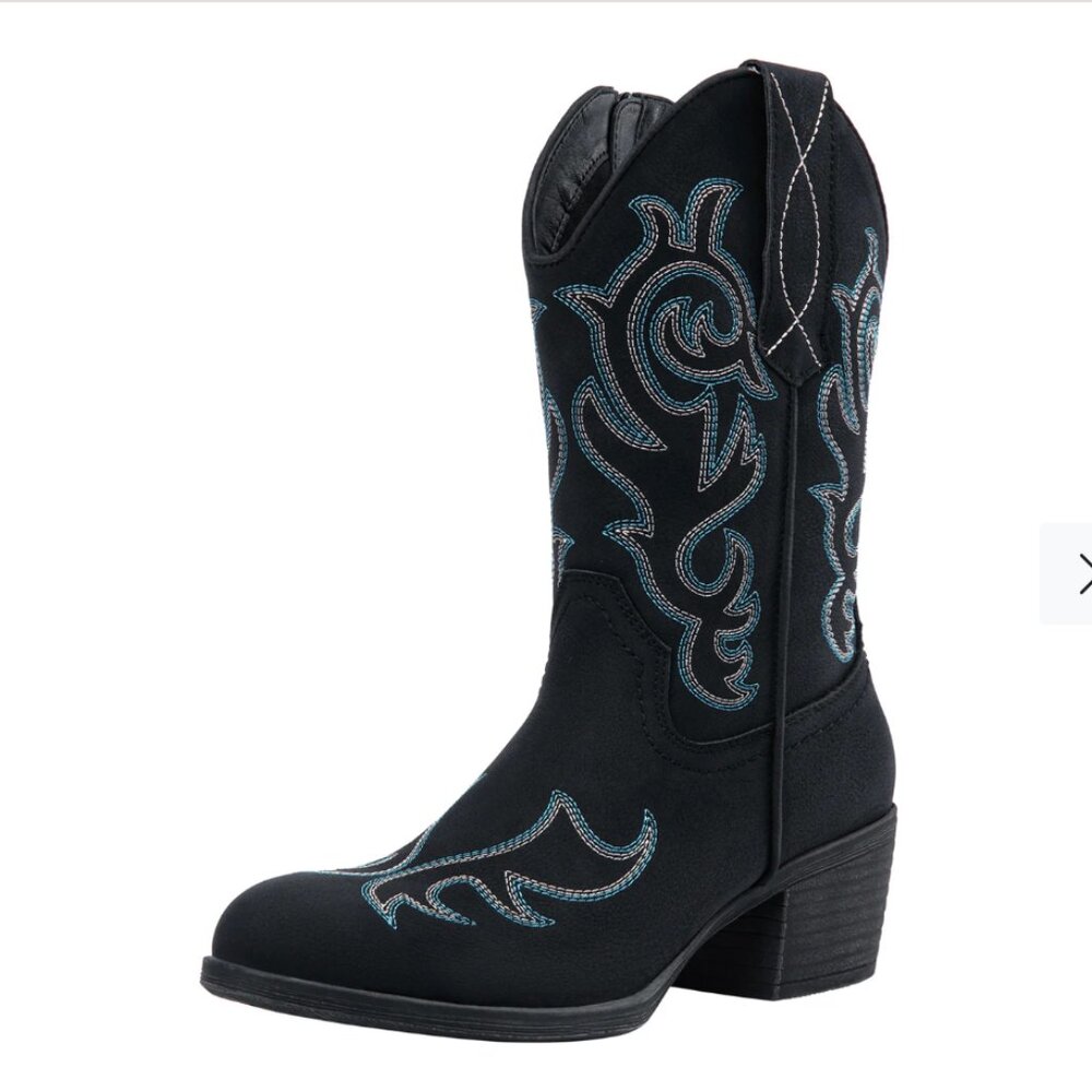 Women's Mid Calf Embroidered Black Cowboy Boots | Size 7 - Picture 2 of 14